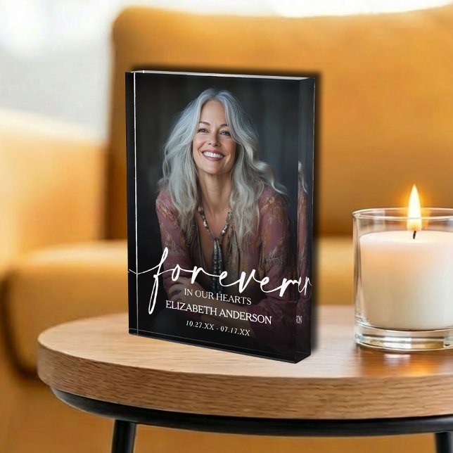 Forever in our Hearts Photo Memorial Acrylic Block (Forever in our Hearts memorial tabletop photo acrylic block, 5" x 7" x 1")