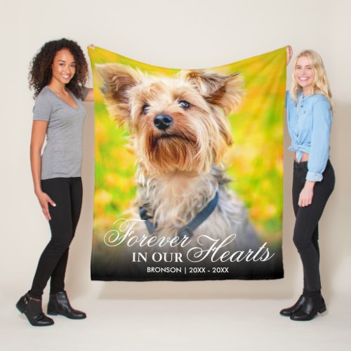 Forever in our Hearts Photo Memorial Fleece Blanket - Personalized memorial fleece blanket featuring a picture of the person/pet who has passed away, the words "forever in our hearts", the name, and birth/death dates.