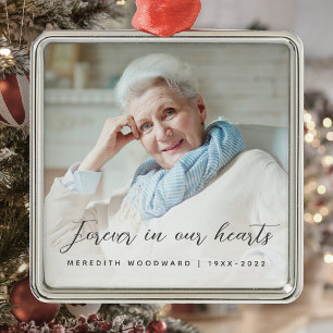 Forever in Our Hearts Photo Memorial Gray Metal Ornament