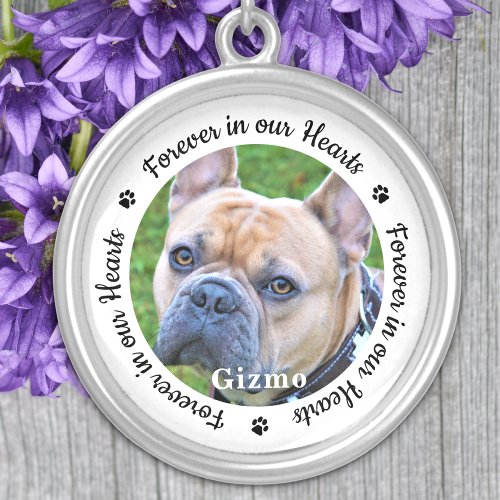 Forever In Our Hearts Photo Pet Dog Memorial Silver Plated Necklace