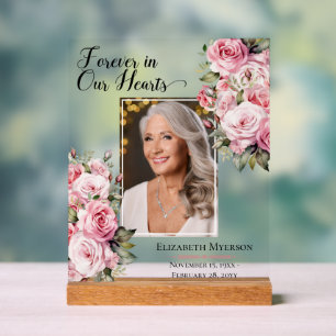 Forever In Our Hearts Photo Pink Roses Memorial Acrylic Sign
