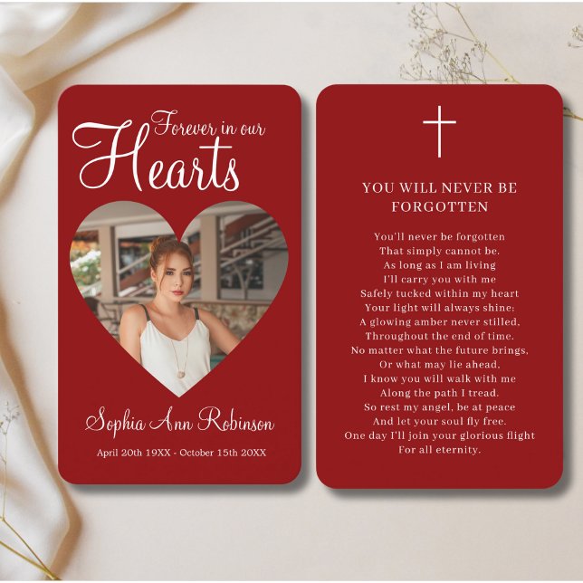 Forever in Our Hearts Photo Red Prayer Card (Creator Uploaded)