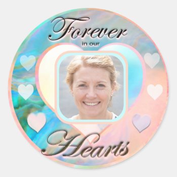 Forever In Our Hearts Photo Sympathy  Confetti Classic Round Sticker by MemorialGiftShop at Zazzle