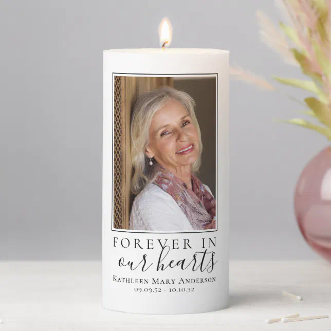 Forever in Our Hearts Photo Sympathy Tribute Pillar Candle | Zazzle