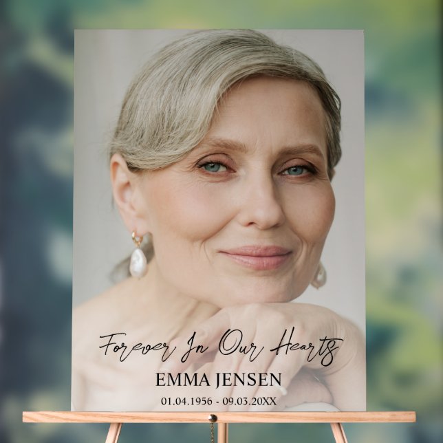 Forever In Our Hearts Photo Welcome Funeral Acrylic Sign (Neutral)