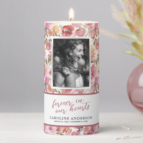 Forever in our Hearts Pink Floral Photo Pillar Candle