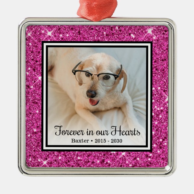 Forever In Our Hearts Pink Glitter Dog Memorial Metal Ornament (Front)