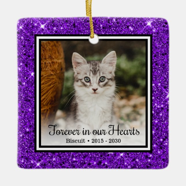 Forever In Our Hearts Purple Glitter Cat Memorial Ceramic Ornament (Front)