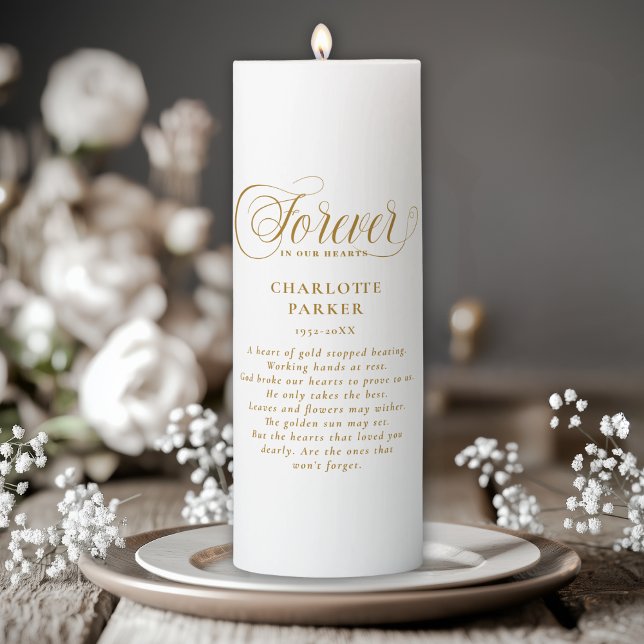 "Forever in our Hearts" Quate Pillar Candle (Custom "Forever in our Hearts" Pillar Candle with Name & Text)