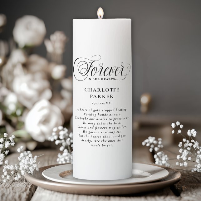 "Forever in our Hearts" Quate Pillar Candle (Custom "Forever in our Hearts"  Pillar Candle with Name & Text)