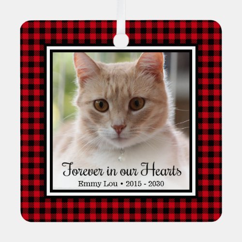 Forever In Our Hearts Red Buffalo Plaid Cat Metal Ornament