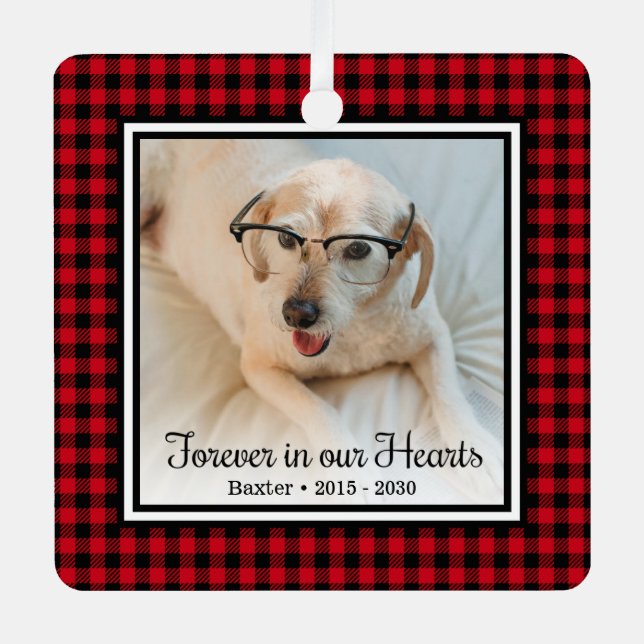 Forever In Our Hearts Red Buffalo Plaid Dog Metal Ornament (Front)