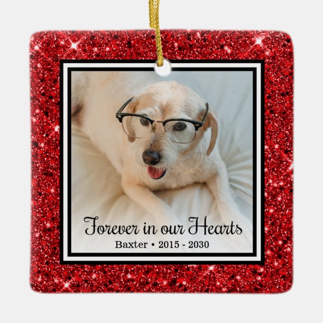 Forever In Our Hearts Red Glitter Dog Memorial Ceramic Ornament (Front)