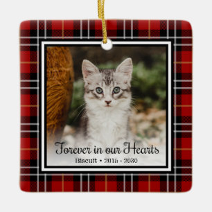 Forever In Our Hearts Red Plaid Cat Memorial Ceramic Ornament
