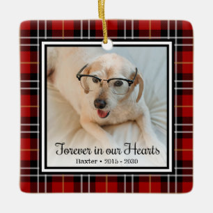 Forever In Our Hearts Red Plaid Dog Memorial Ceramic Ornament
