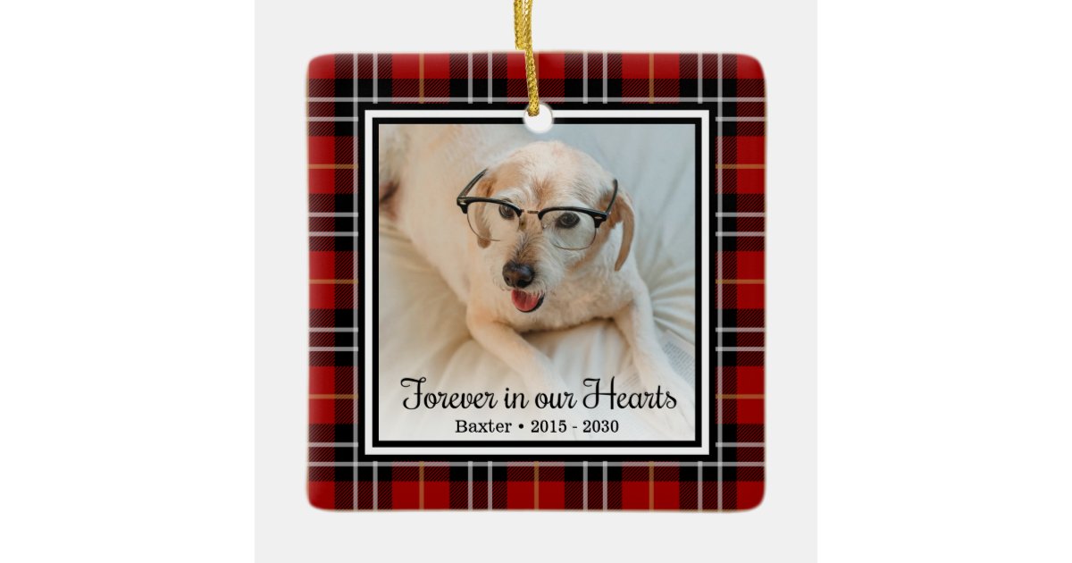 Forever In Our Hearts Red Plaid Dog Memorial Ceramic Ornament | Zazzle