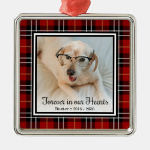 Forever In Our Hearts Red Plaid Dog Memorial Metal Ornament