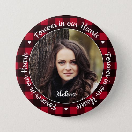 Forever in our Hearts Red Plaid Keepsake Memorial Button