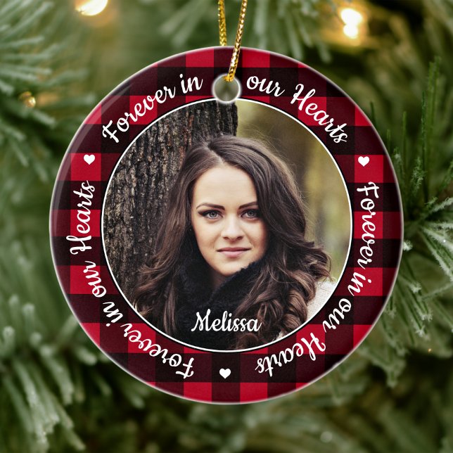 Forever in our Hearts Red Plaid Keepsake Memorial Ceramic Ornament (Creator Uploaded)