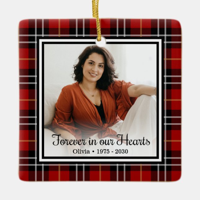 Forever In Our Hearts Red Plaid Memorial Ceramic O Ornament (Front)