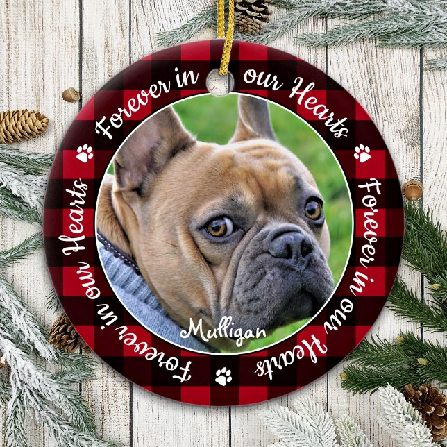 Forever in our Hearts Red Plaid Pet Dog Memorial Ceramic Ornament (Creator Uploaded)