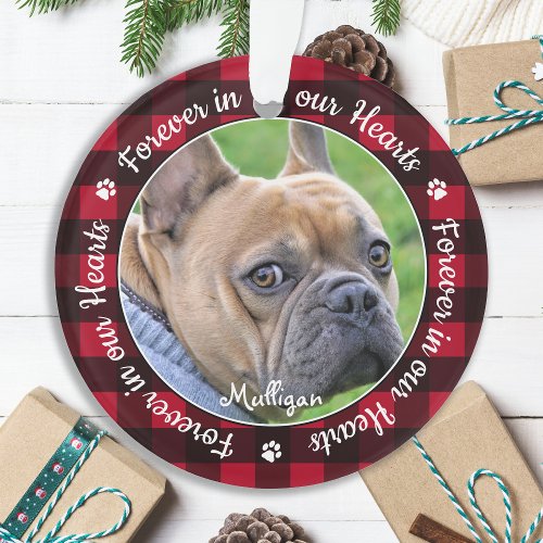 Forever in our Hearts Red Plaid Pet Dog Memorial Ornament