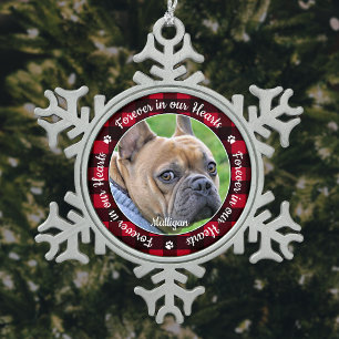 Forever in our Hearts Red Plaid Pet Dog Memorial Snowflake Pewter Christmas Ornament