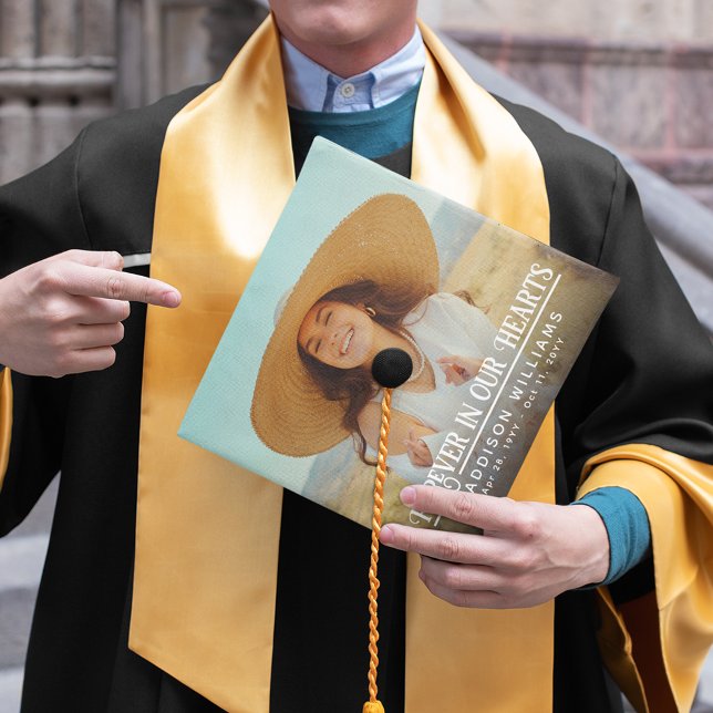 Forever In Our Hearts Retro Photo Memorial Graduation Cap Topper (Creator Uploaded)