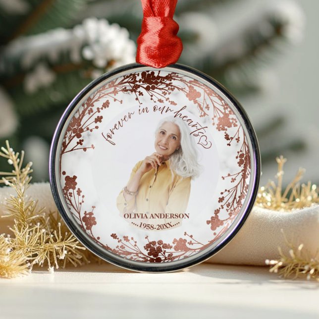 Forever In Our Hearts Rose Foil Photo Memorial Metal Ornament (Creator Uploaded)