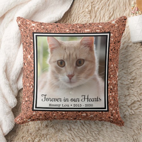Forever In Our Hearts Rose Gold Cat Memorial Photo Throw Pillow