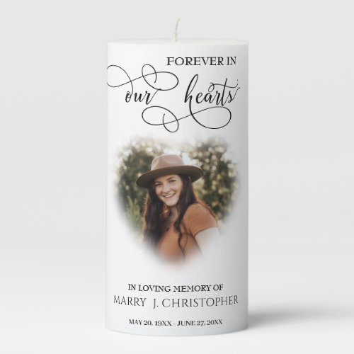 Forever In Our Hearts Script Photo Memorial Pillar Candle