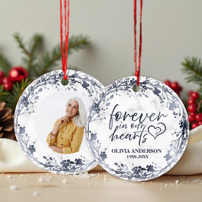 Forever In Our Hearts Silver Foil Photo Memorial Ceramic Ornament (Creator Uploaded)