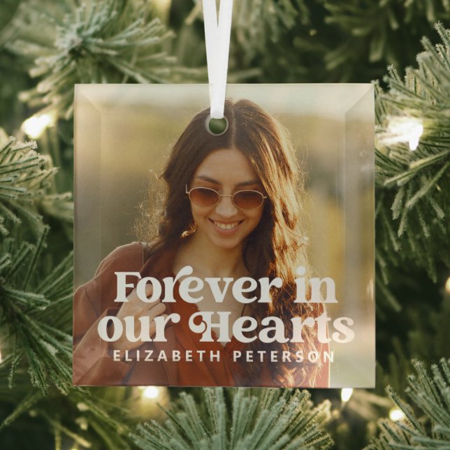 Forever in our Hearts Simple Custom Photo Memorial Glass Ornament (Insitu)