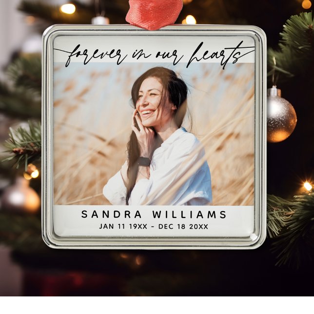 Forever In Our Hearts Simple Script Tribute Photo Metal Ornament (Creator Uploaded)