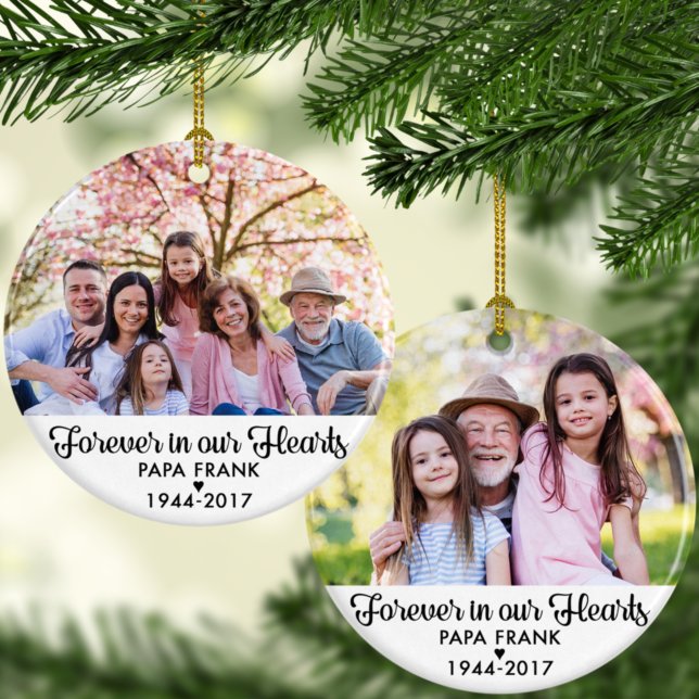 Forever in our Hearts Sympathy Memorial 2 Photo Ceramic Ornament (Creator Uploaded)