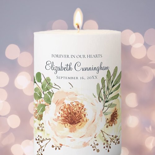 Forever In Our Hearts  Watercolor Floral Memorial Pillar Candle