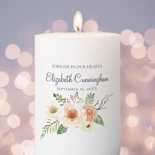 Forever In Our Hearts  Watercolor Floral Memorial Pillar Candle