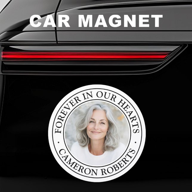Forever in our hearts white border photo memorial car magnet (Forever in our hearts white border photo memorial car magnet)