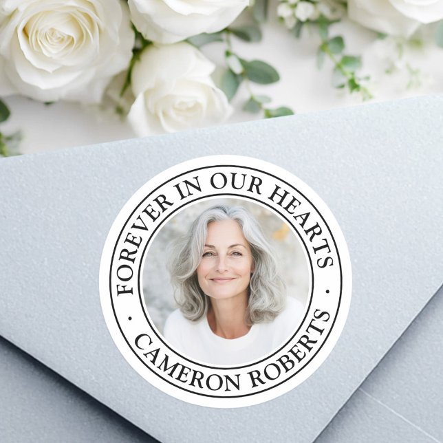 Forever in our hearts white border photo memorial classic round sticker (Forever in our hearts white border photo memorial classic round sticker)