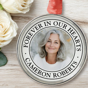 Forever in our hearts white border photo memorial metal ornament