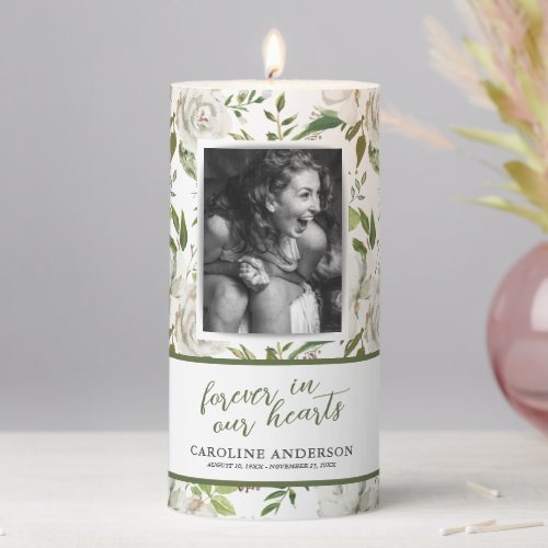 Forever in our Hearts White Floral Photo Pillar Candle