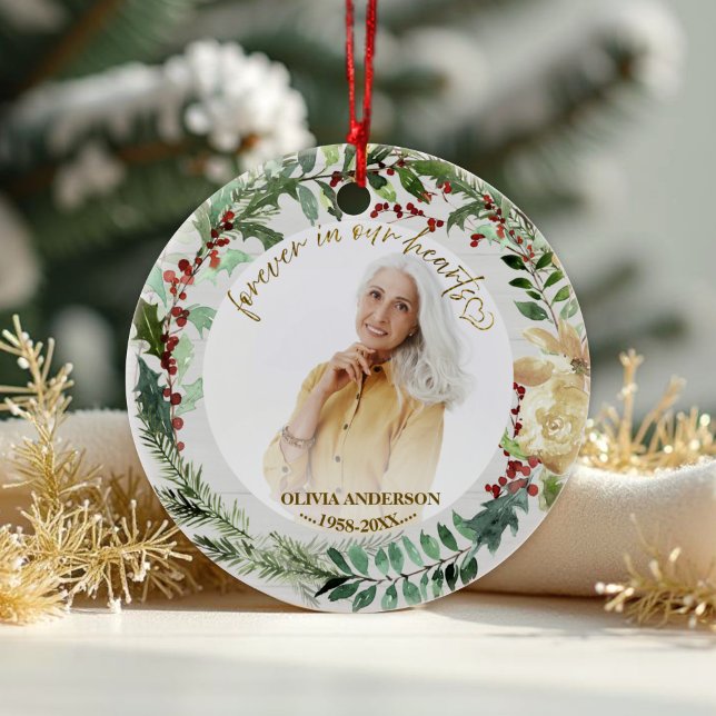 Forever in our Hearts | Wreaths Photo Memorial Ceramic Ornament (Creator Uploaded)