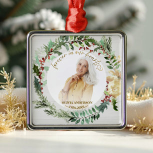 Forever in our Hearts   Wreaths Photo Memorial  Metal Ornament