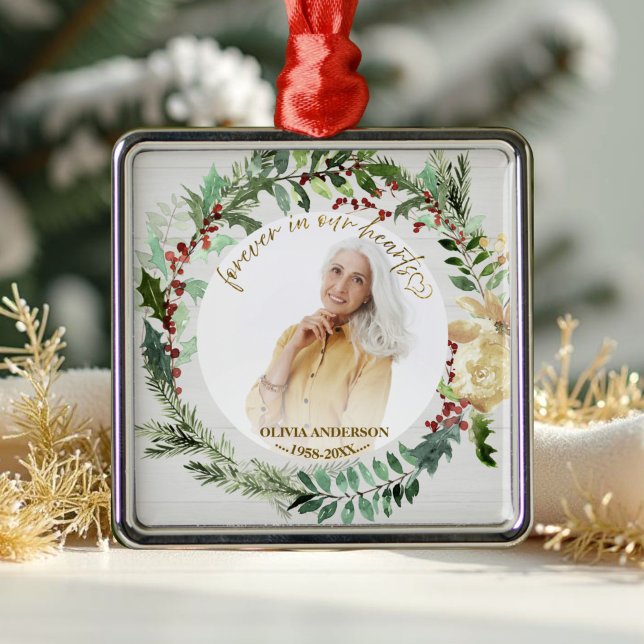 Forever in our Hearts | Wreaths Photo Memorial  Metal Ornament (Creator Uploaded)