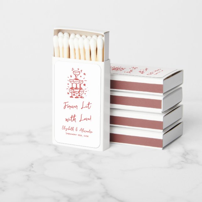 Forever Lit with Love Red Whimsical Wedding Matchboxes (Stacked)