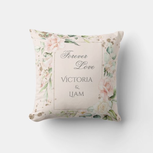 Forever Love Blush  Watercolor Floral Wedding Throw Pillow