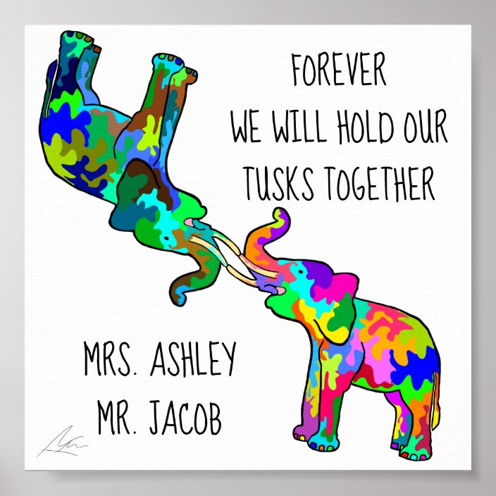 Forever Love Colorful Elephants Holding Tusks Art Poster Zazzle Com
