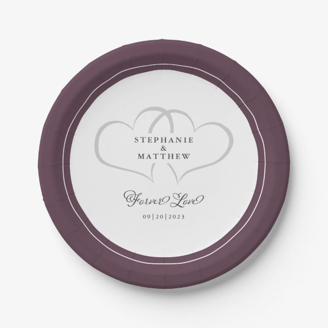 Forever Love Elegant Wedding Hearts Cassis Purple Paper Plates (Front)