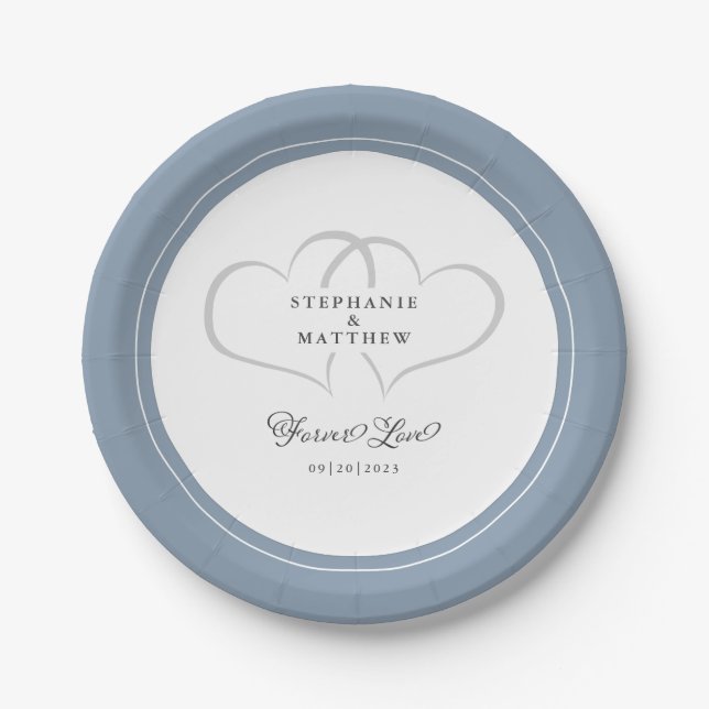 Forever Love Elegant Wedding Hearts Dusty Blue  Paper Plates (Front)