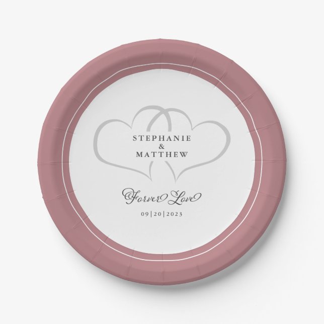 Forever Love Elegant Wedding Hearts Dusty Rose Paper Plates (Front)